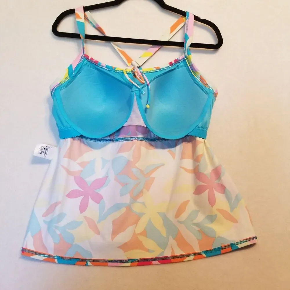 Lands’ End 18W Tankini Top Padded Shelf Bra Floral Flower Power Boho Beach
